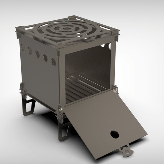 Metallic stove with open door on a white background