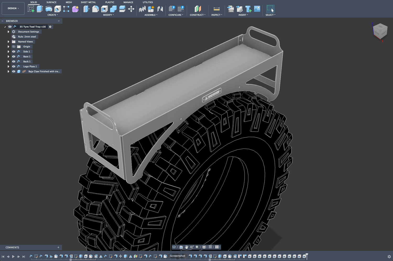 3D model of a wheel tool tray in a CAD software interface