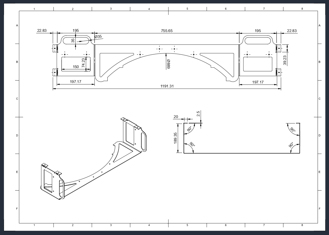 Technical drawing of a tool tray component with dimensions