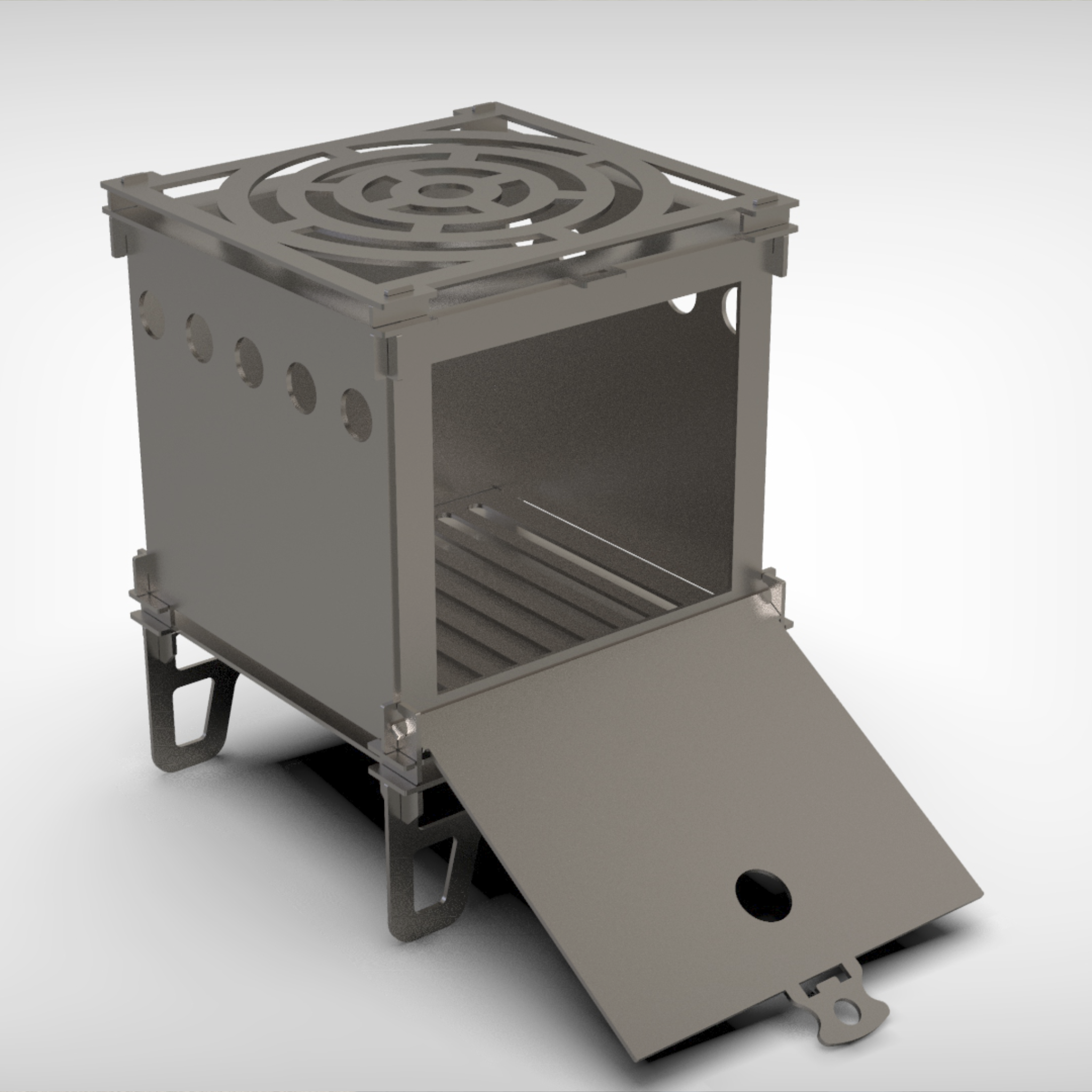 Metallic stove with open door on a white background