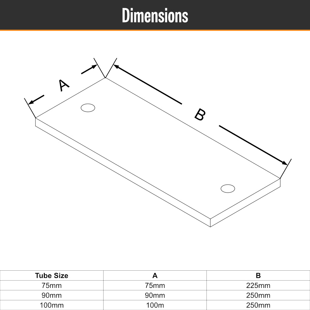 Diagram showing dimensions of a rectangular metal plate with labelled measurements and tube size options.